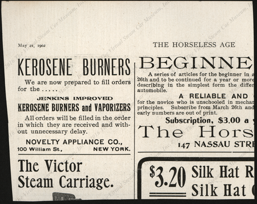 Novelty Appliance Company, Horseless Age Magazine Advertisement, May 21, 1902