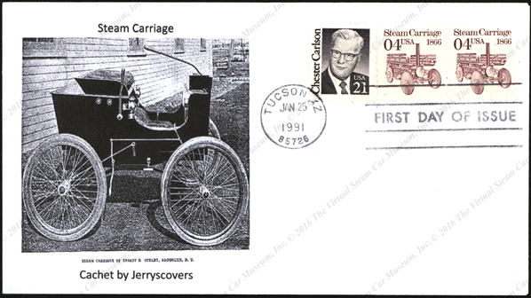 First Day Cover with Olfeldt Steam Car, January 24, 1991, Dudgeon Steam Carriage Coil Stamp