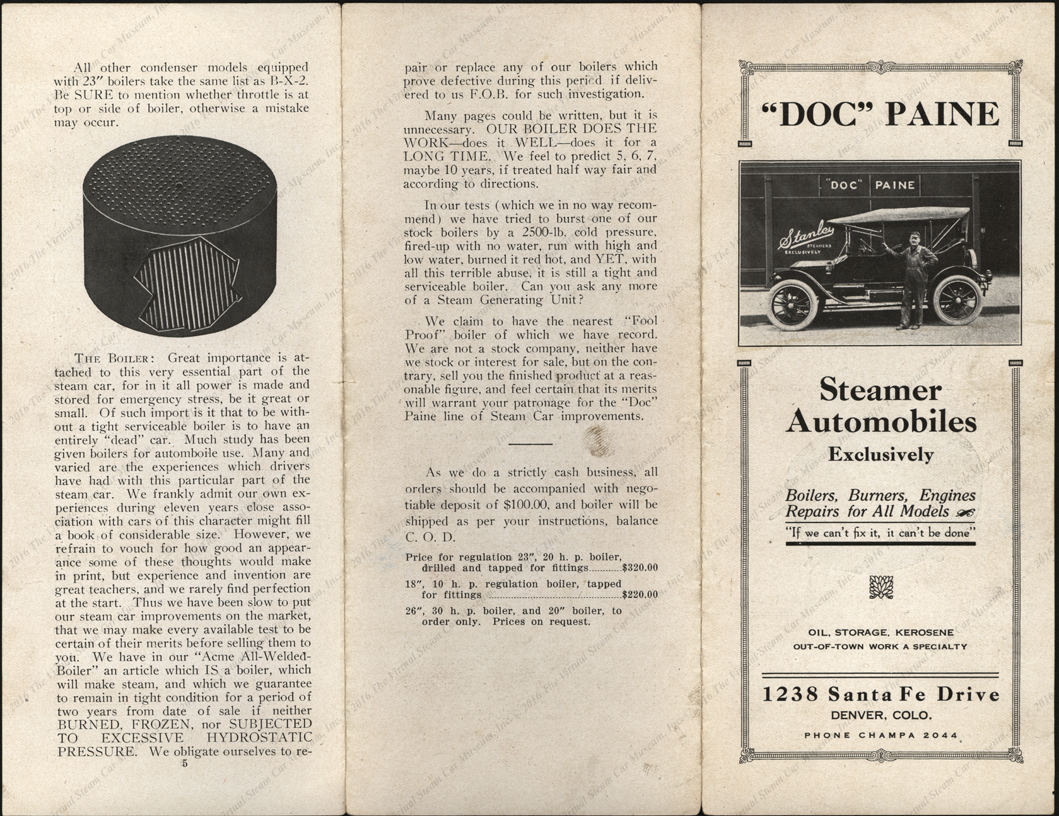 "Doc" Paine Steamer Automobiles Exclusively, Advertising Brochure, Denver, CO, ca: 1915 - 1920