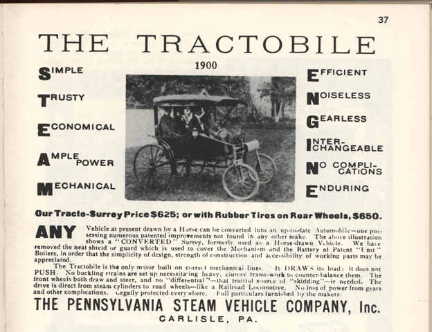 Pennsylvania Steam Vehicle Company, Floyd Clymer, P. 37, 1900 Advertisement