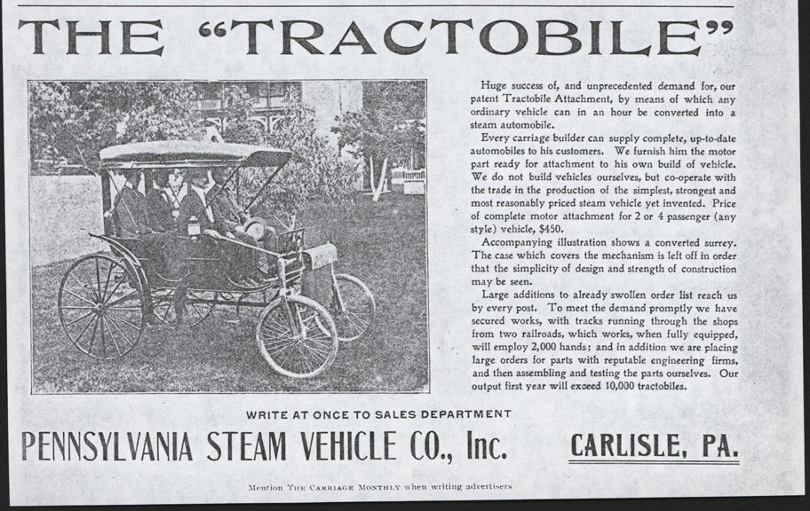 Pennsylvania Steam Vehicle Company, Carlisle, PA, October 1901, The Carriage Monthly magazine, p. 75.  John A. Conde Collection.