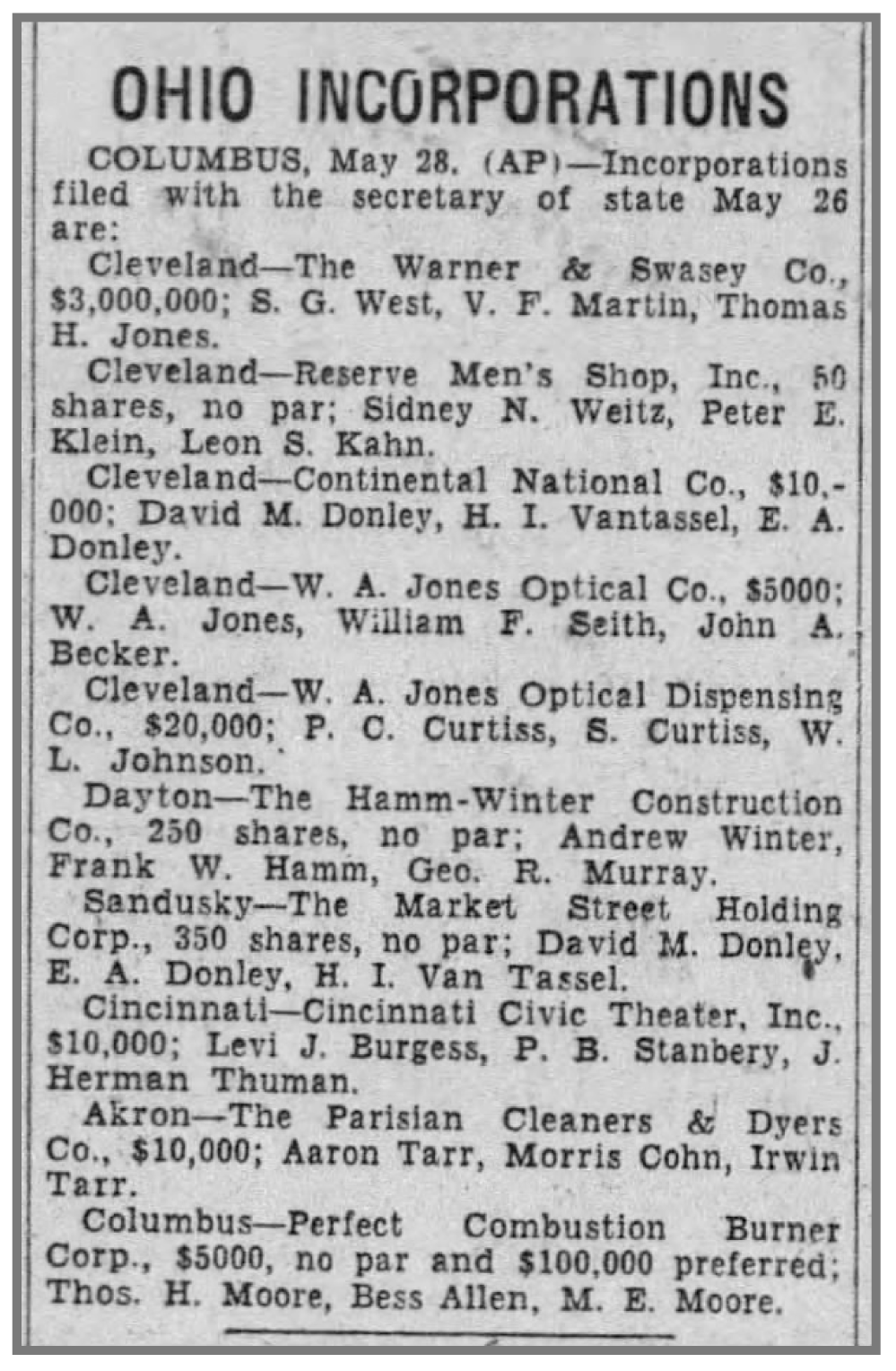 Perfect Combustion Burnenr Corporation, May 5, 1928 newspaper artice. Columbus Dispatch?