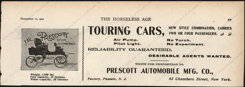Prescott Automobile Manufcaturing Company, Decemb er 11, 1901, Magazine Advertisement, Horseless Age, Vol. 8, No. 37, page xv.