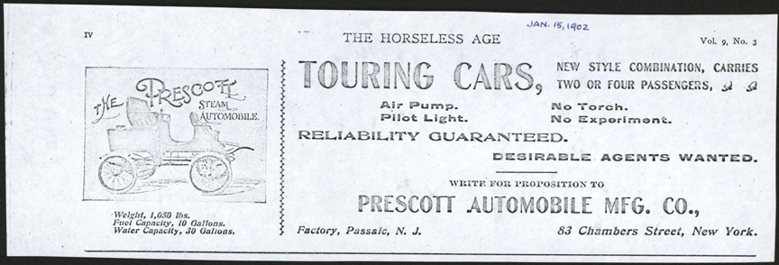 Prescott Automobile Manufacturing Company, Horseless Age, January 15, 1902, p. iv, photocopy, Conde Collection.