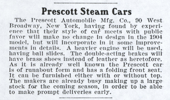 Prescott Automobile Manufacturing Company, Cycle and Automobile Trade Journal, January 1904, p. 122, photocopy, Conde Collection.