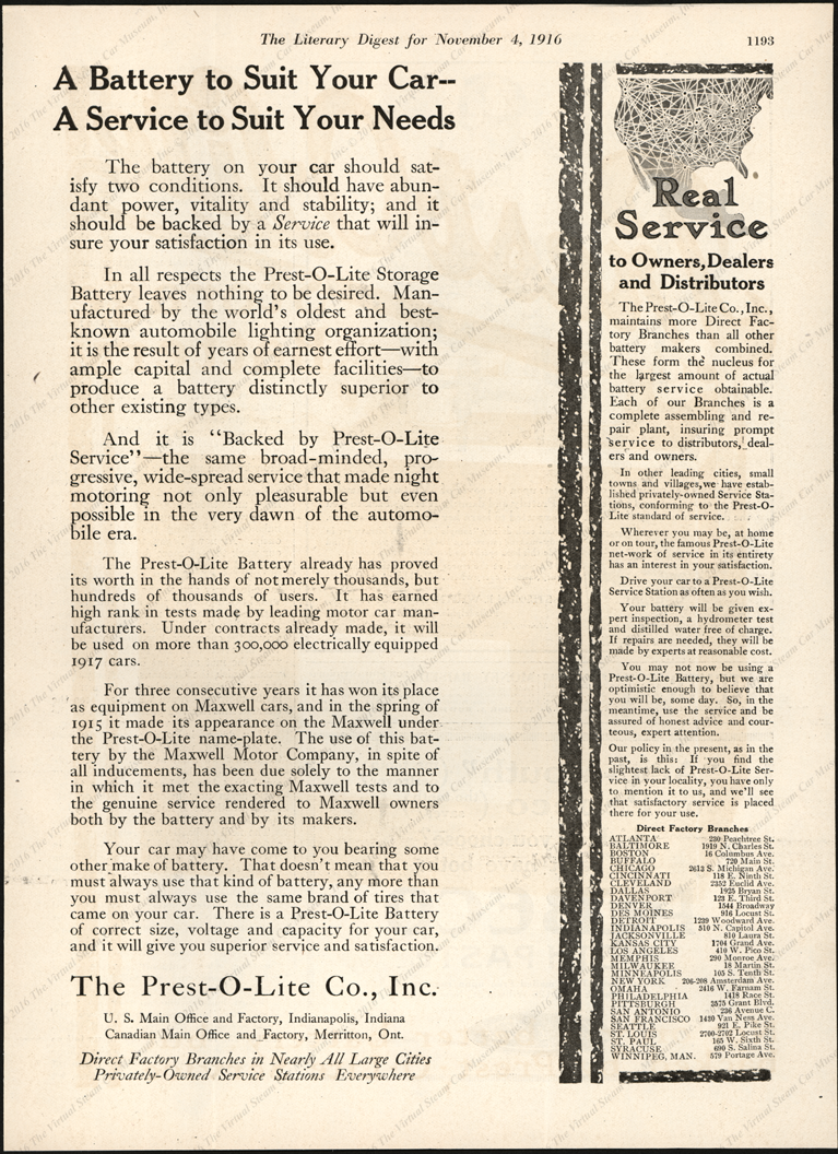 Prest-O-Lite Comany Magazine Advertisement, Liberary Digest, November 4, 1916, p. 1193