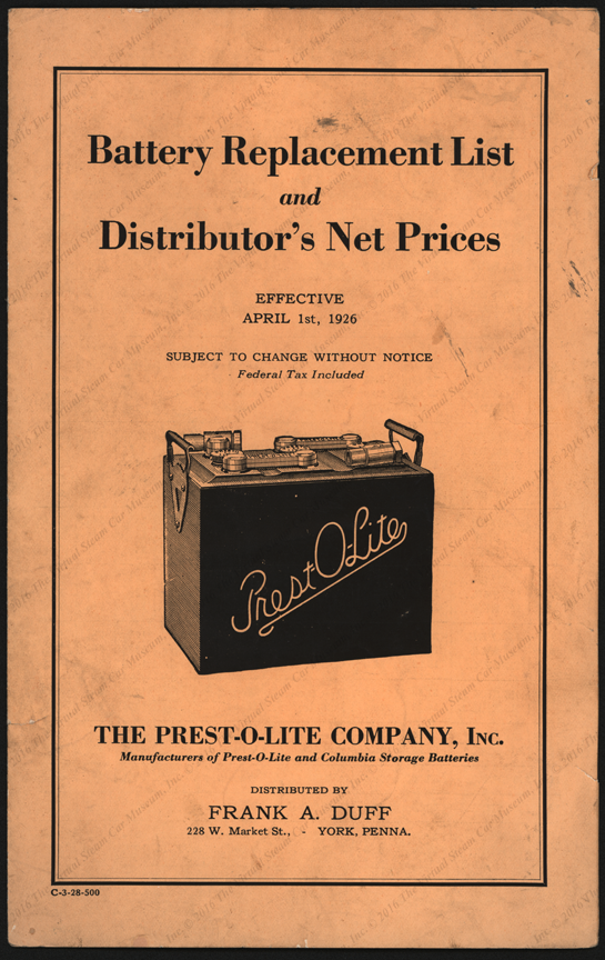 Prest-O-Lite Battery Catalogue with Stanley Mentioned, April 1, 1926
