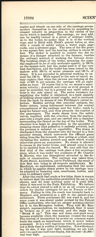 Charles Randolph Steam Carriage, Scientific American supplement, June 6, 1896, Supplement, Vol. XLI, No. 1066, p. 17032