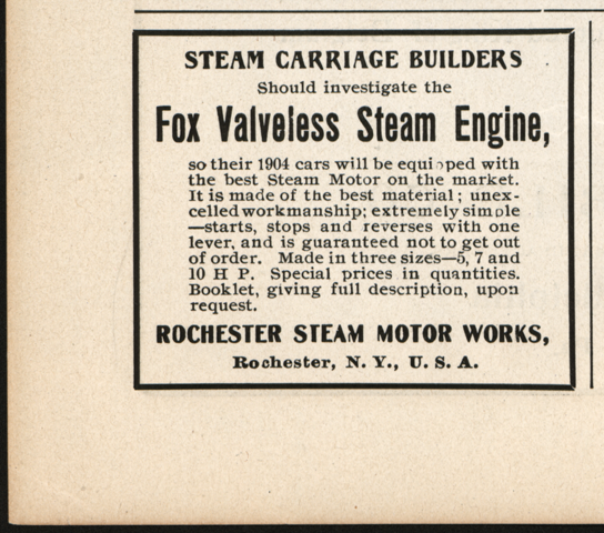 Rochester Steam Motor Works, Horseless Age, August 5, 1903, Vol. 12, No. 6, P. iv