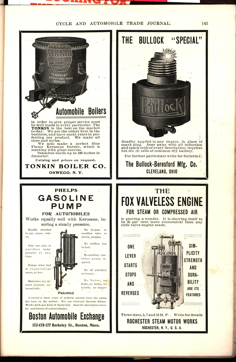 The Fox Valveless Steam Engine, Rochester Steam Motor Works, Rochester, NY, Cycle & Automobile Trade Journal, 1904, p. 143.