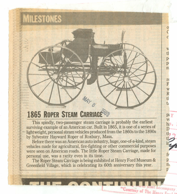 Sylvester Roper Steam Carriage, 1865, Newspaper Article