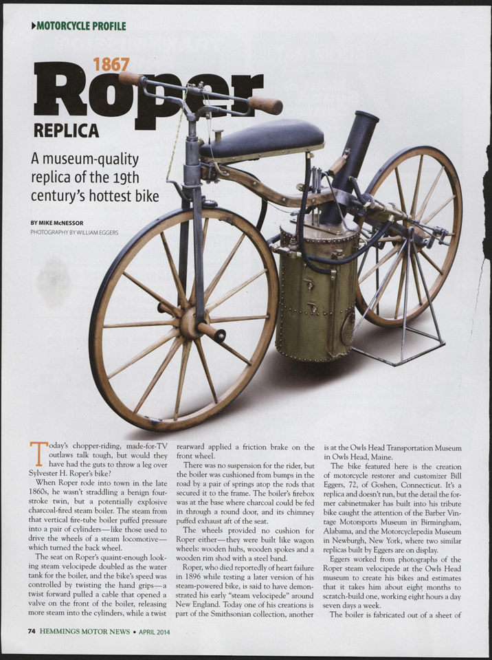 Sylvester Roper Steam Bicycle, Hemmings Motor News, April 2014