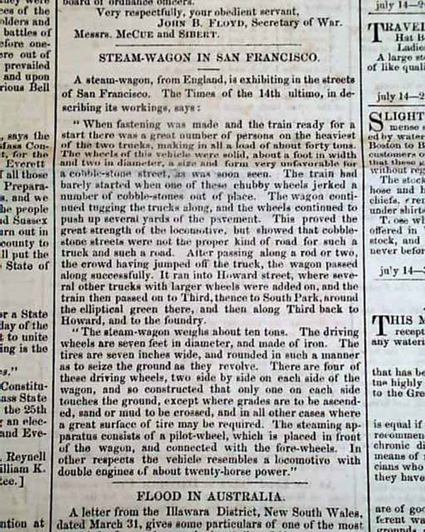 San Francisco Steam Wagon, Daily National Intelligener, Saturdsy,  July 14, 1860, Washington, DC