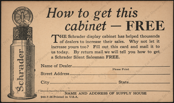 A. Schrader's Son, Inc.  Advertising Post Card July 1926 Tire Pressure Gauges Front