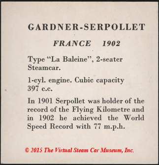 Serpollet Collector Card with 1901 and 1902 World Speed Records, Reverse