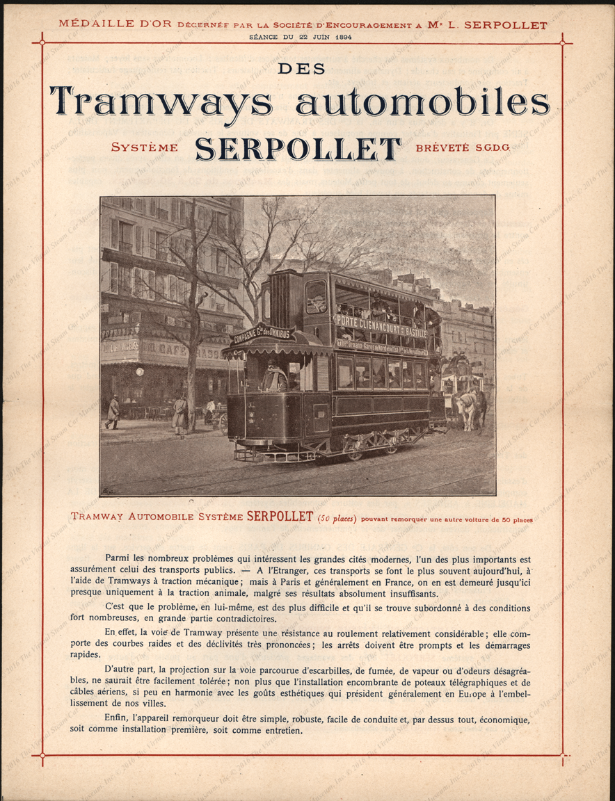 Serpollet Tramway Automobile System Brochure, France, June 22, 1894