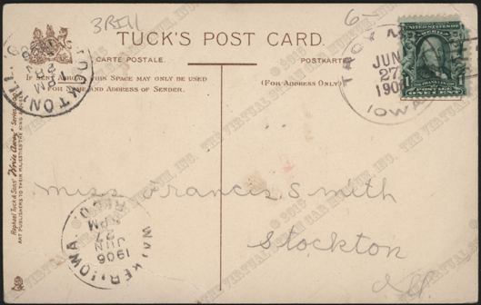 Serpollet Race Car Postcard, Tuck, June 27, 1906 Postmark Reverse