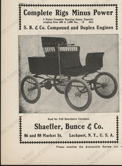 Shaeffer, Bunce, & Marvin, Magazine Advertiseuemt, Automobile Review and Automobile News, May 1902, p. 8, Conde Collection.