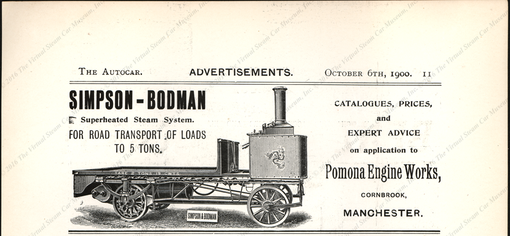 Simpson & Bodman, Pomona Engine Works, Cornbrook, Manchester.  The Autocar, October 6, 1900, page 11.