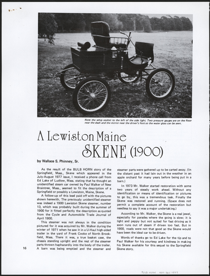 Skene American Automobile Company, Lewiston, ME and Springfield, MA, Bulb Horn article, November-December 1977, p. 16, Conde Collection