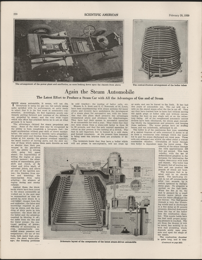 Scott-Newcomb Steam Car Article, Scientific American, February 28, 1920, p. 220.