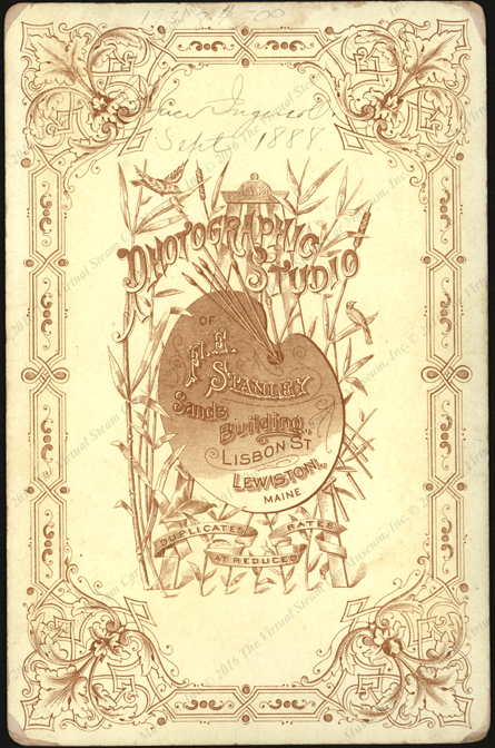 Stanley Studio Photograph, September 1888, Lewiston, ME L. Ingersoll, Reverse