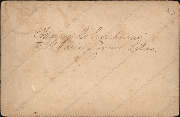 F. E. Stanley Photographic Studio, Lewiston, ME, inscribed Merry Christmas to Gracie from Lilas,  Reverse