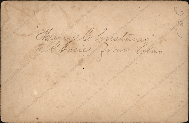 F. E. Stanley Photographic Studio, Lewiston, ME, inscribed Merry Christmas to Gracie from Lilas, Reverse