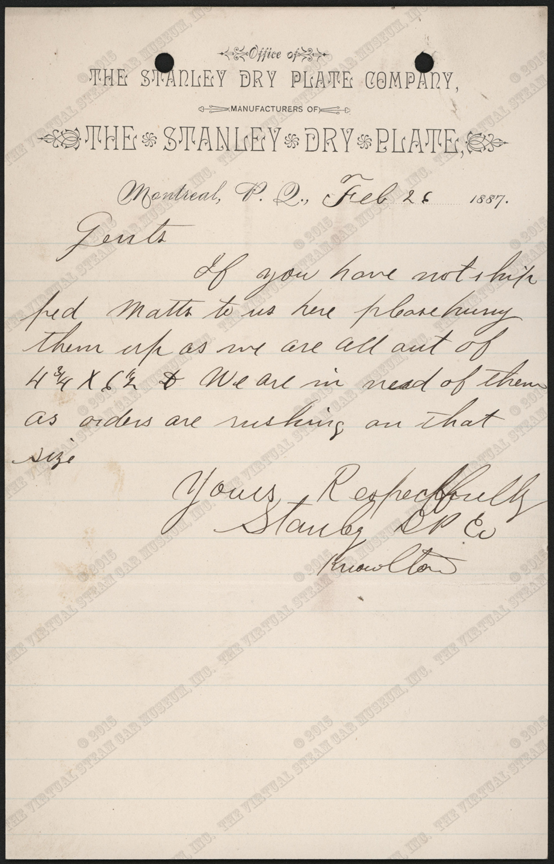 Stanley Dry Plate Company, February 26, 1887, Letter to Unknown Supplier