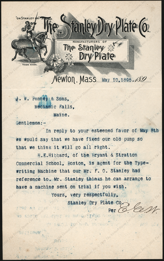 Stanley Dry Plate Company Letterhead, May 10, 1895, F. O. Stanley, J. H. Penney & Sons. Bryant & Stratton Commercial School, Boston, H. E. Hibbard Typewriter Use