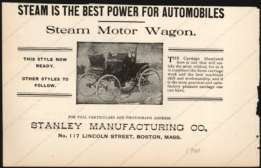Stanley Manufacturing Company, Horseless Age Magazine Advertisement, Unknown Month, 1900