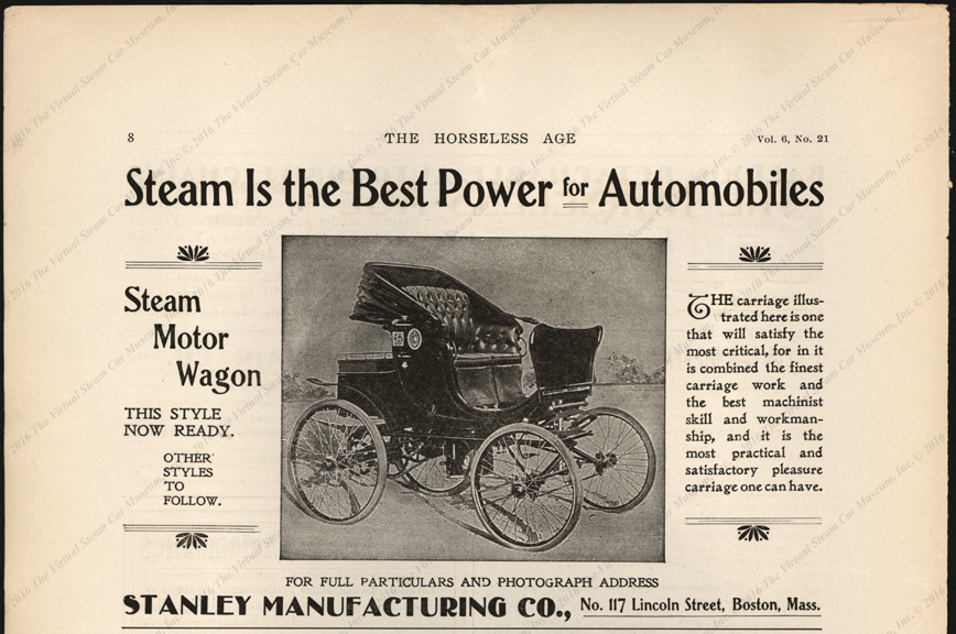 Stanley Manufacturing Company, Horseless Age Magazine Advertisement, August 22, 1900, Vol. 6, No. 21, page 8