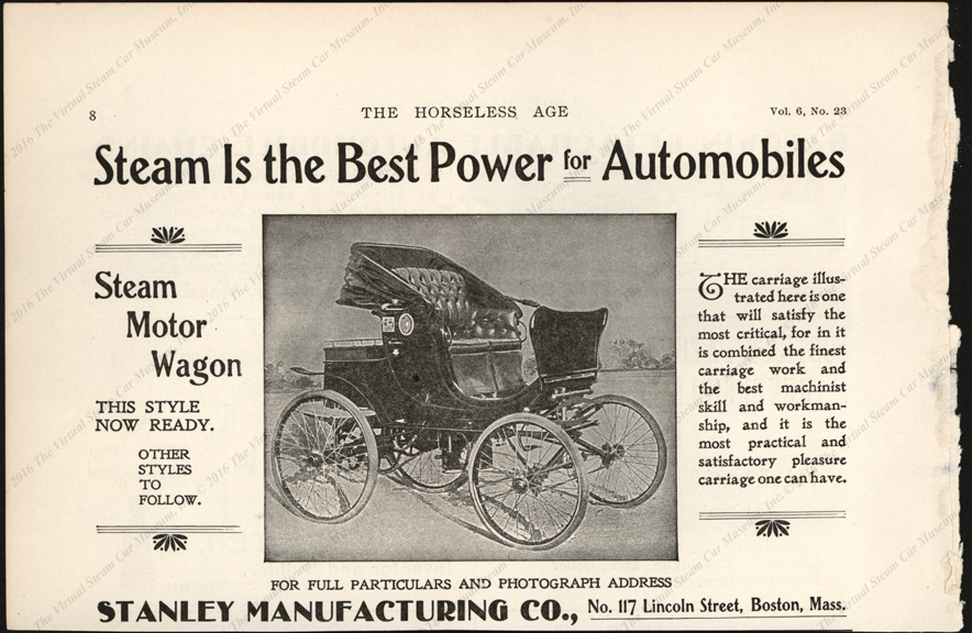 Stanley Manufacturing Company, Horseless Age Magazine Advertisement, September 5, 1900, Vol. 6, No. 23, page 8