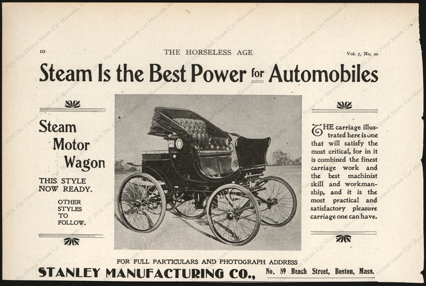 Stanley Manufacturing Company, Horseless Age Magazine Advertisement, February 13, 1902, Vol. 7, No. 29, page 10