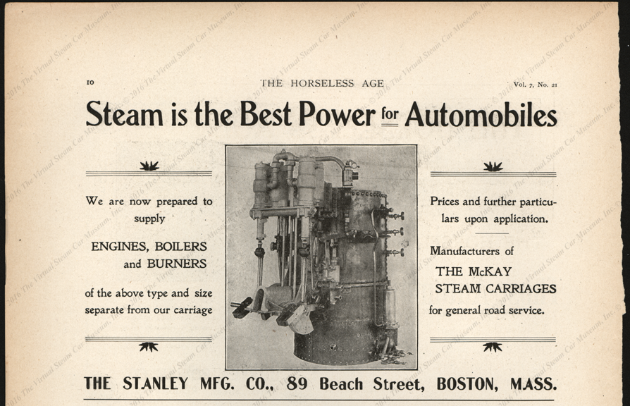 Stanley Manufacturing Company, Horseless Age Magazine Advertisement, February 20, 1901, Vol. 7, No. 21, page 10