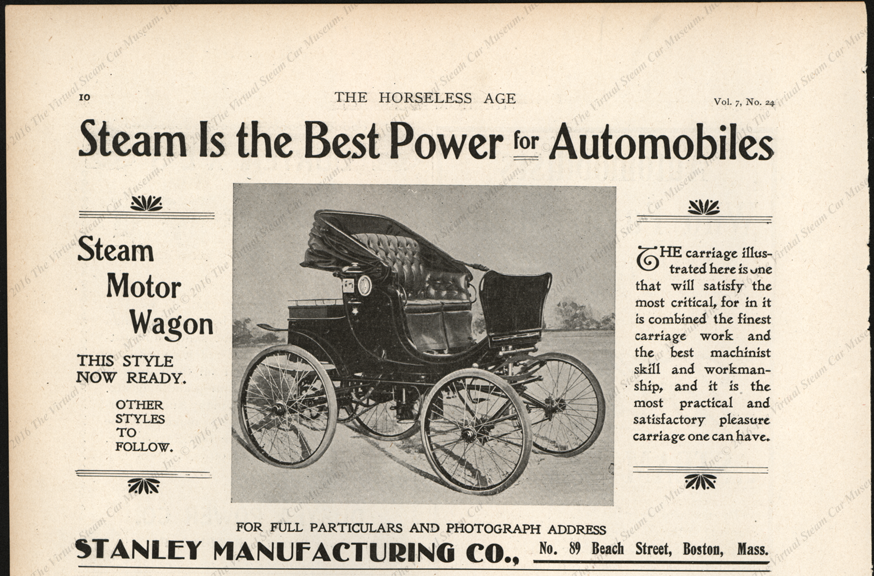 Stanley Manufacturing Company, Horseless Age Magazine Advertisement, March 3, 1903, Vol. 7, No. 24, page 10