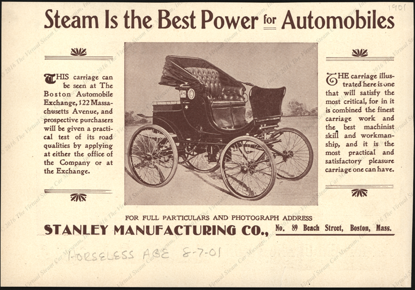 Stanley Manufacturing Company, Magazine Advertisement, August 7, 1901, Horseless Age.