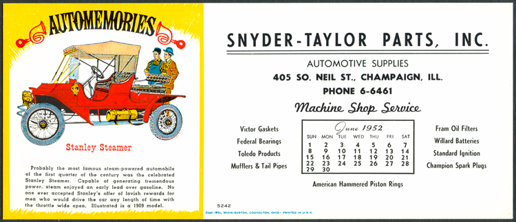 Stanley Steam Car 1952 Blotter, Snyder's