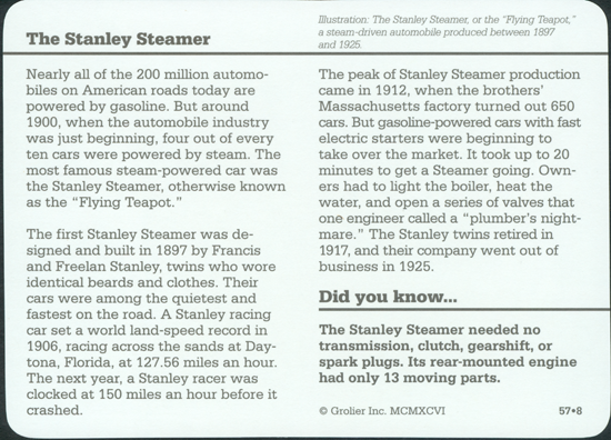 Stanley Steam Car Card, Grolier, Inc. 1996