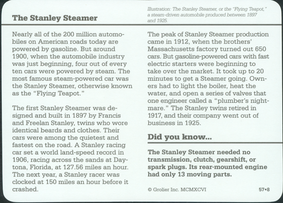 Stanley Steam Car Card, Grolier, Inc. 1996