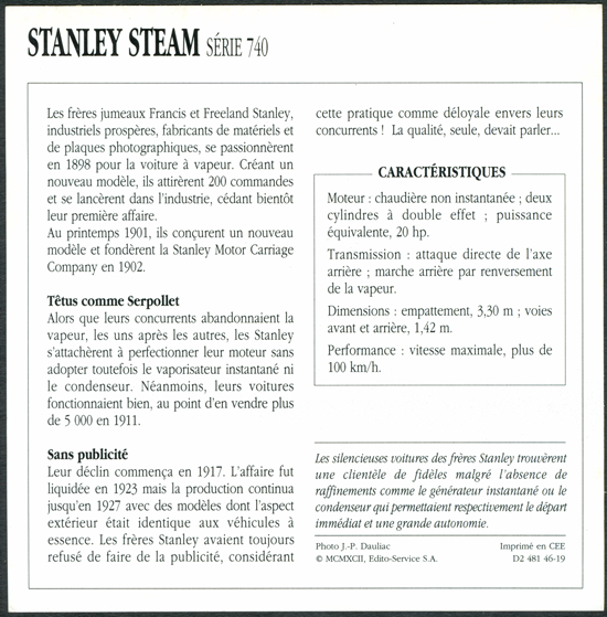 Stanley Steam Car Card