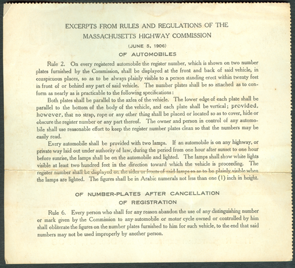 Massachusetts Highway Commission issued this Certificate of Registration in 1908