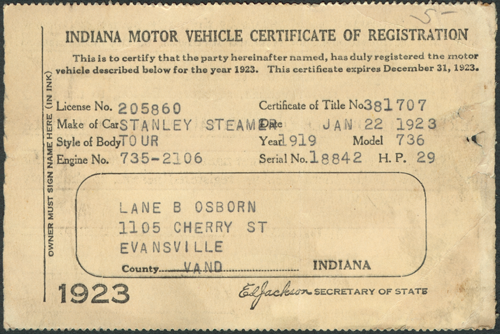 Indiana Motor Vehicle Certificate of Registration
