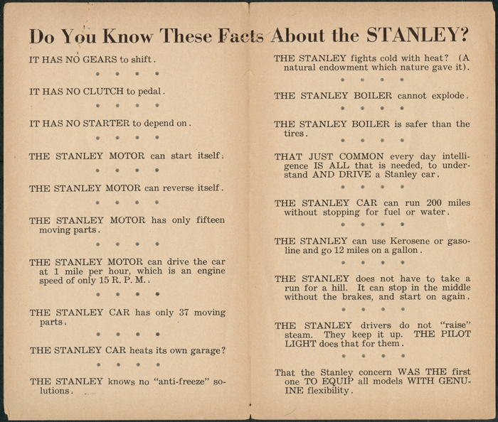 Stanley Steam Motors Co Brochure Interior