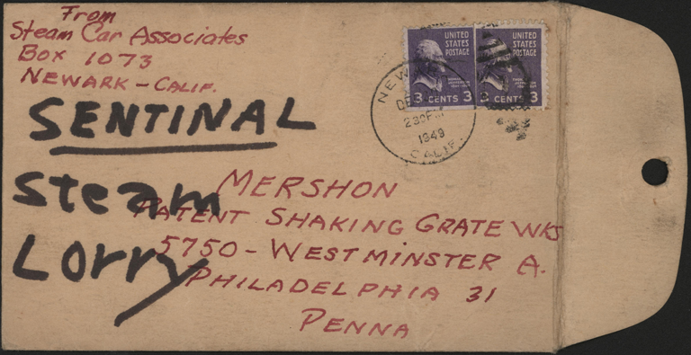Steam Car Associates, Envelope Addressed to Mershon Patent Shaking Grate, December 30, 1949