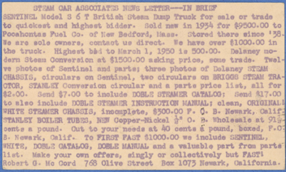 Steam Car Associates, Newark, CA, Postcard March_______ 1950