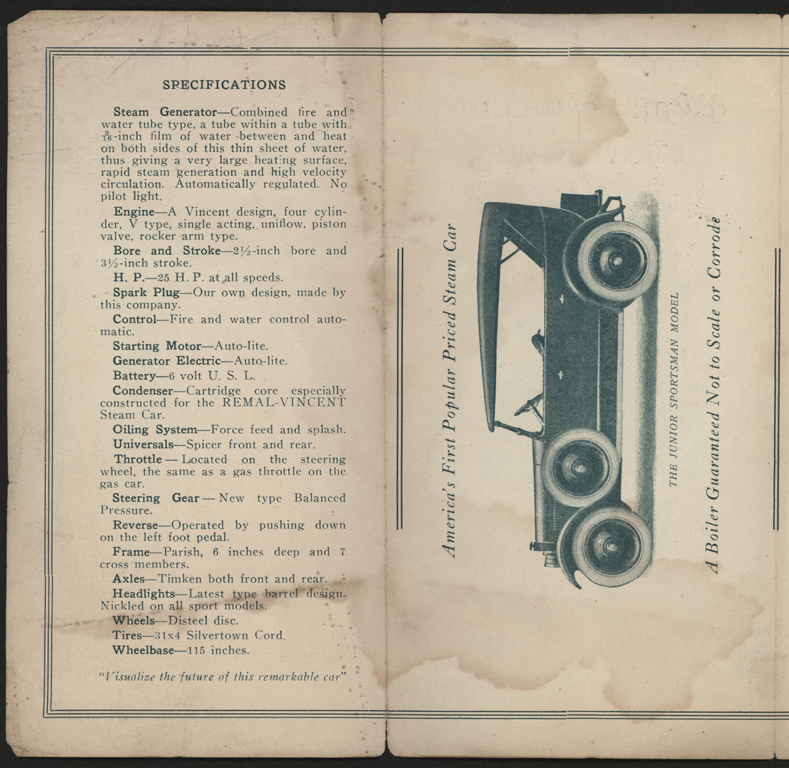 Steam Car Corporation of California, Trade Catalogue, Remal-Vincent Steam Car, 1923
