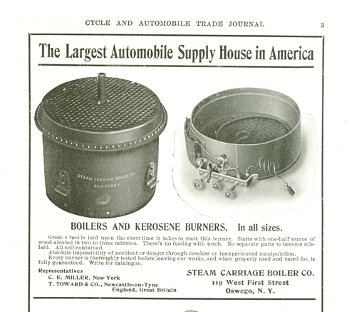 Steam Carriage Boiler Company, 1904 Advertisement, Cycle & Automobile Trade Journal, p. 3.