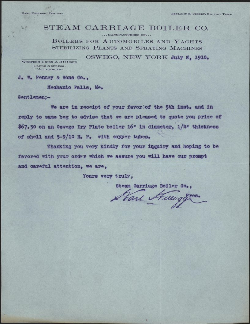 Steam Carriage Boiler Company, Oswego, NY, July 8, 1910 Letter, Front