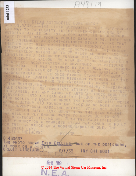 Steam Motors, Inc. Erik Delling, Newton, MA, June 1938, Reverse